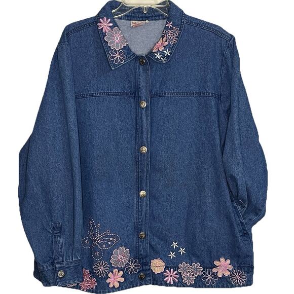 Vintage Denim Womens XL Jacket Pink Embroidered Flowers Butterflies Toffee Apple - Picture 1 of 10